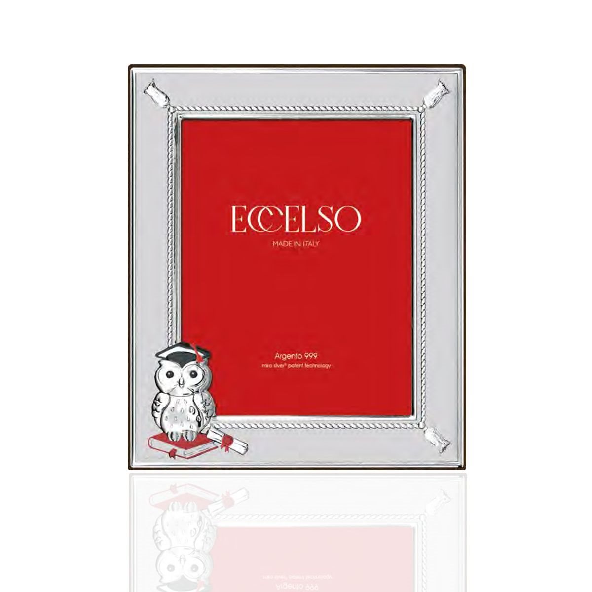 Cornice laurea 13x18 in argento laminato con motivo a cordoncino e nappine, gufo con tocco e libri