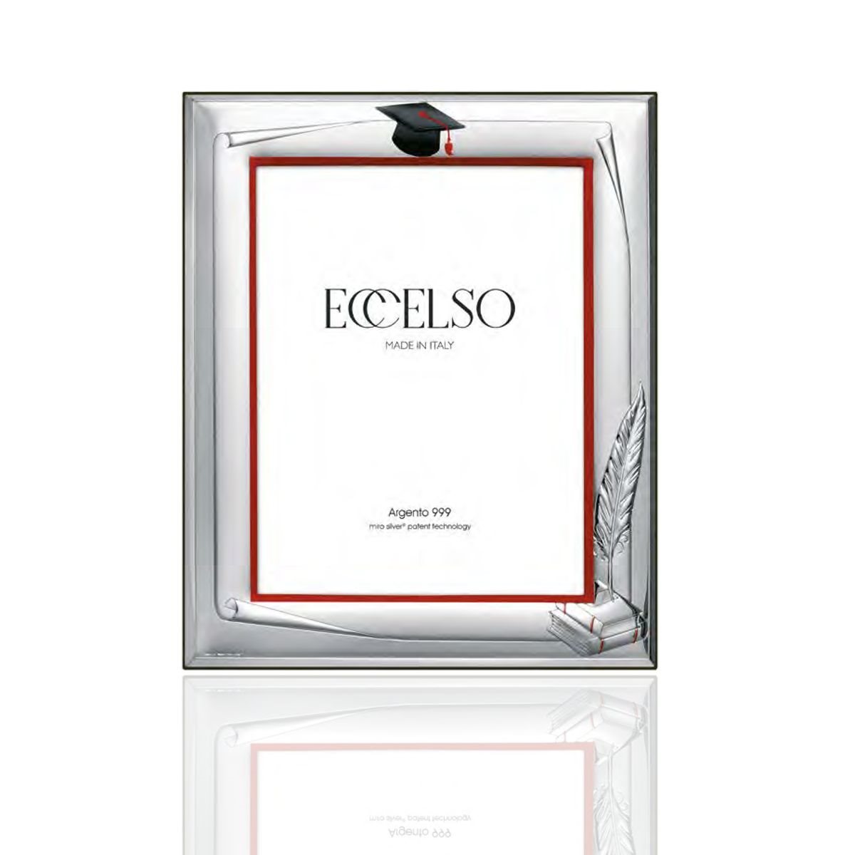Cornice laurea 13x18 in argento laminato con motivo a pergamena, tocco, libri e calamaio