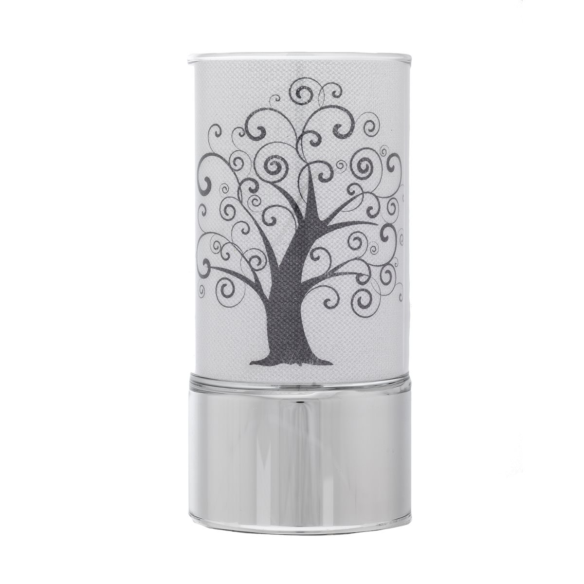 Mini-lampada di ambientazione da appoggio in vetro decorato con albero della vita e base argentata