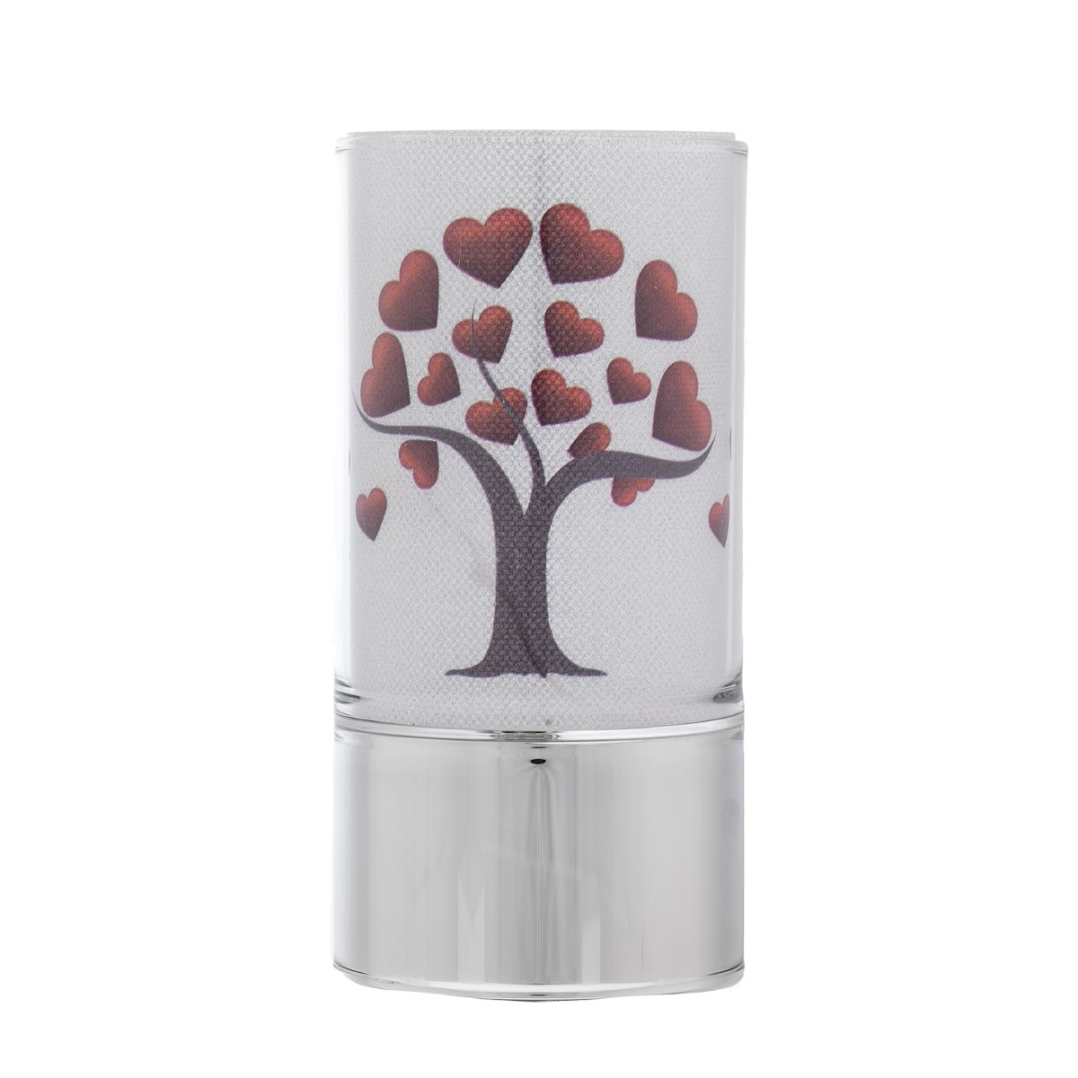 Mini-lampada di ambientazione 7x15 in vetro decorato con albero e cuori e base argentata
