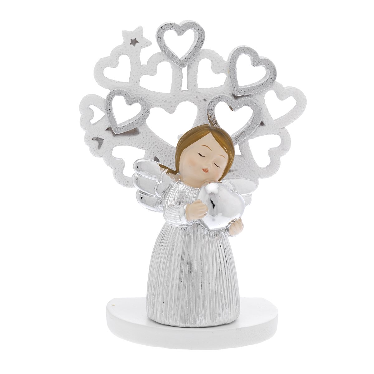 Angioletto piccolo per bomboniere in resina bianca e argentata con cuore e albero della vita