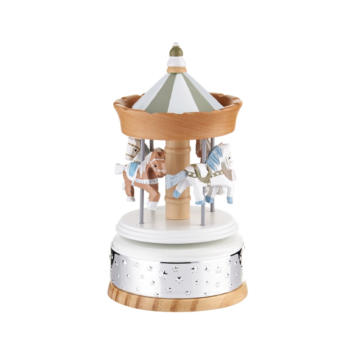 Giostra carillon per bimbo con cavalli in legno di colore naturale con fascia in argento laminato e stelline h. 20 cm