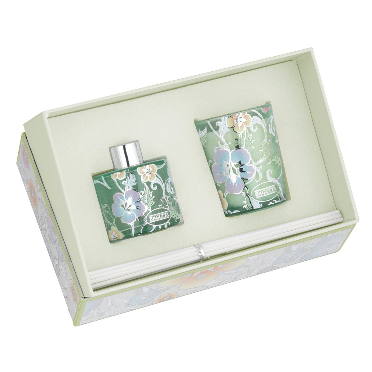 Astuccio con flacone in vetro 50 ml fragranza lavanda pi portacandela 70gr colore verde con fiori