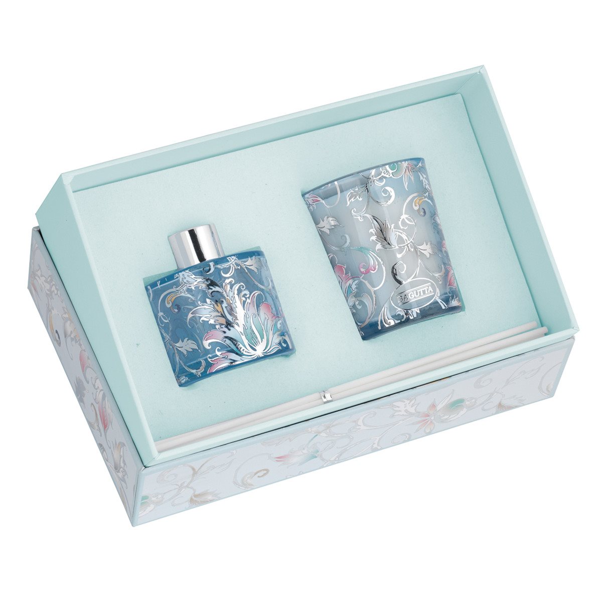 Astuccio con flacone in vetro 50 ml fragranza cannella pi portacandela 70gr colore azzurro con foglie