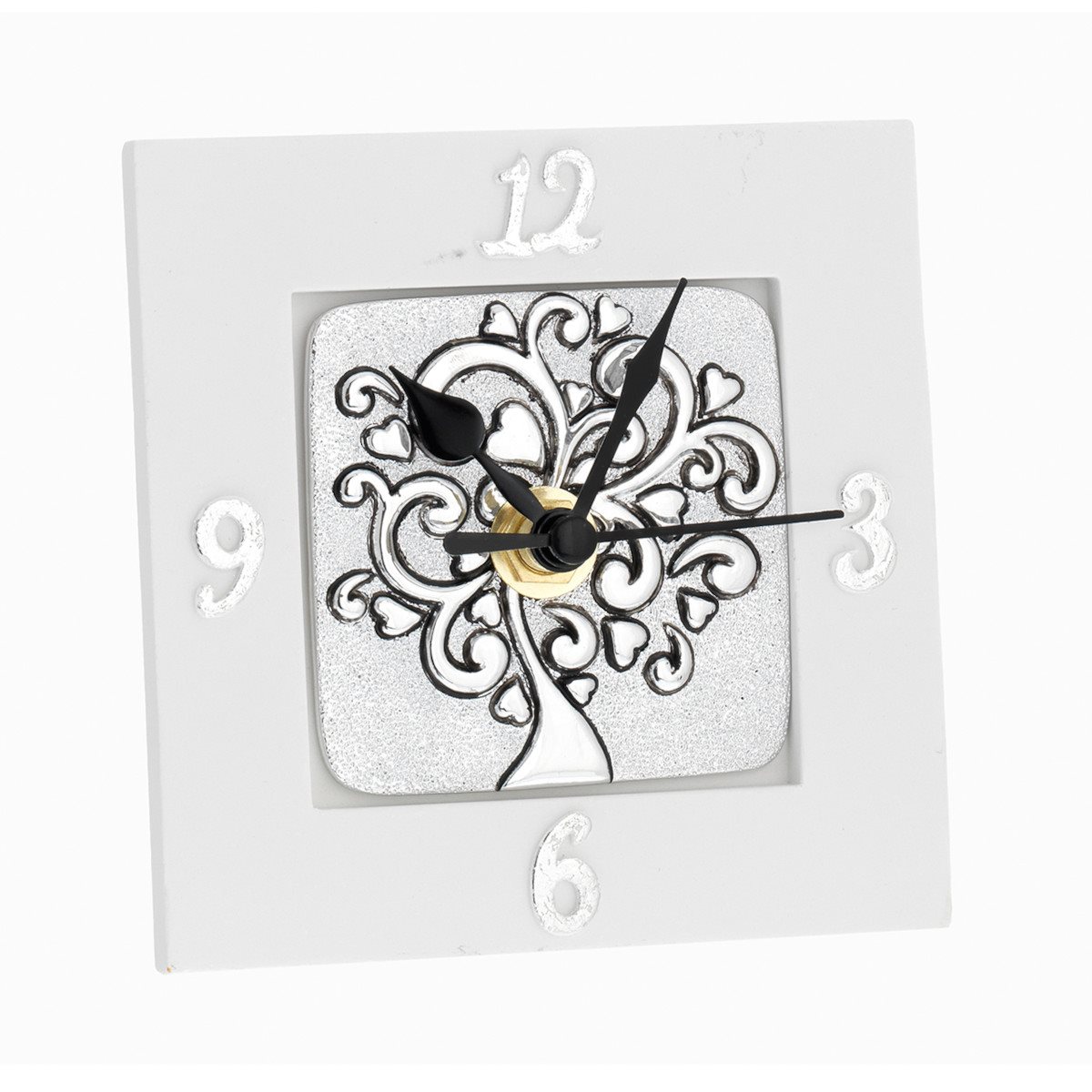 Sveglia quadrato in resina bianca 10x10 cm con decoro albero cuori