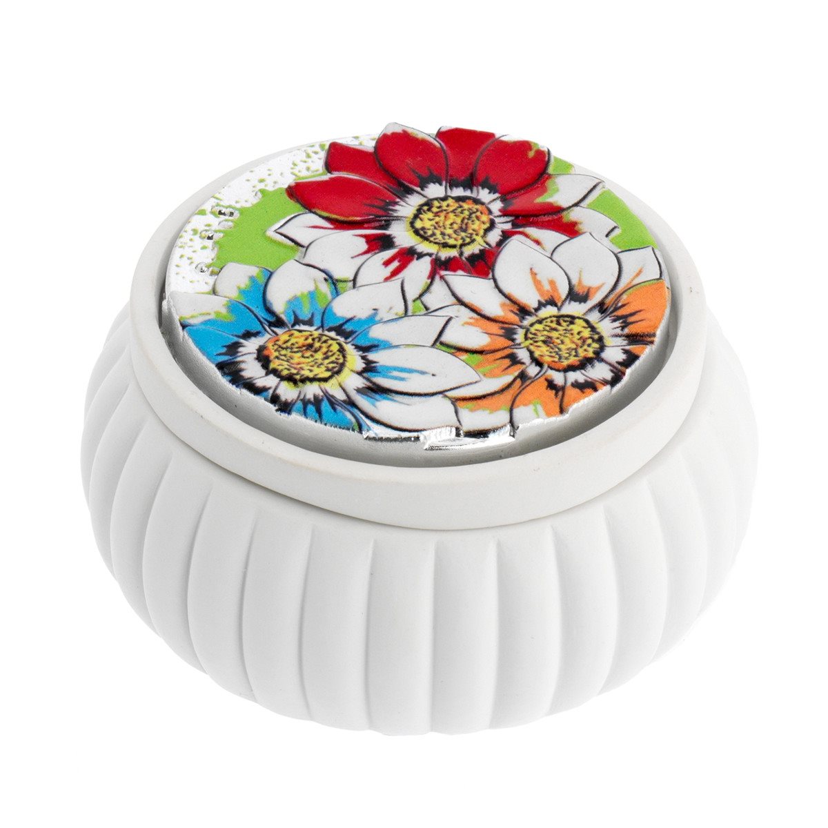 Scatolina tonda 8,5x4 cm in resina bianca con fesoni con deco stampata girasoli colorati