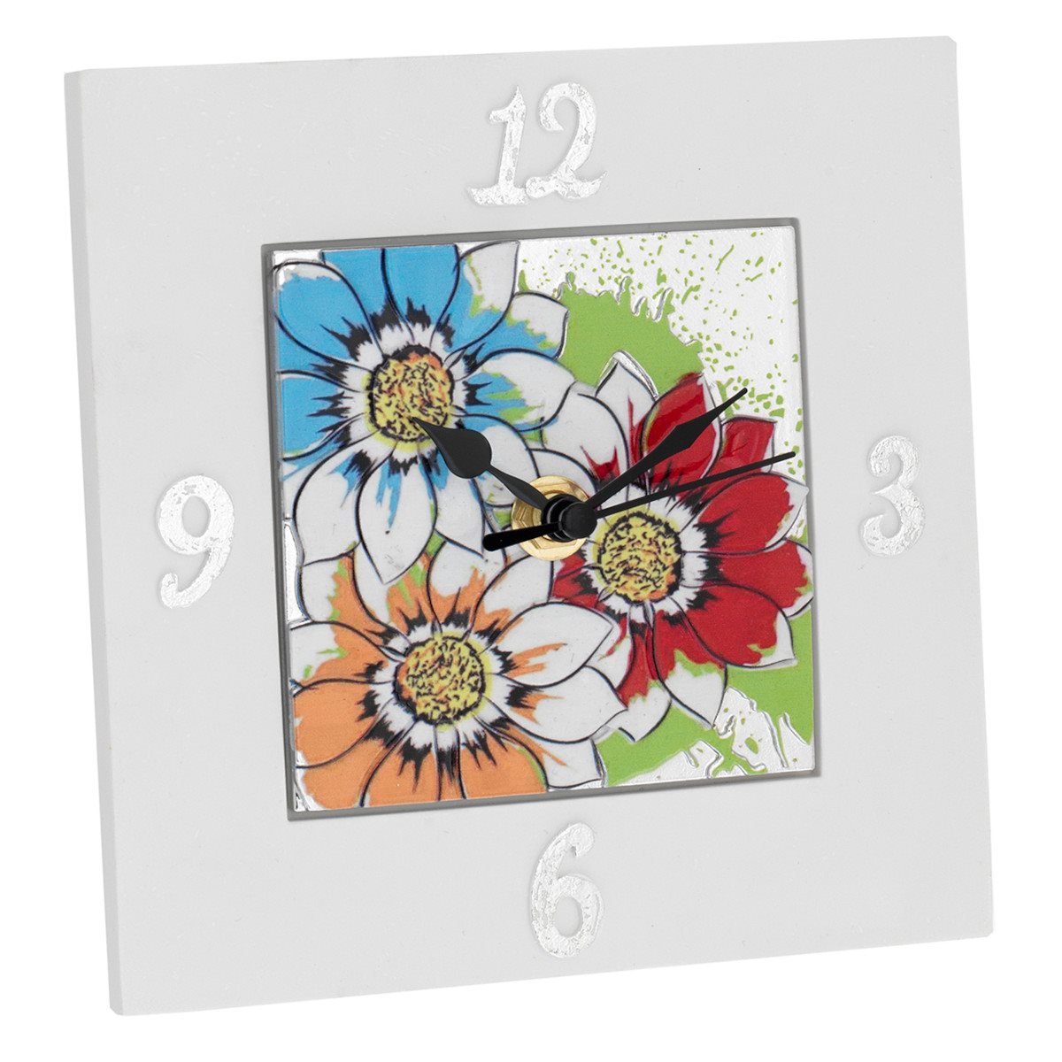 Sveglia quadrata 15x15 cm in resina bianca con deco maiolica girasoli colorati