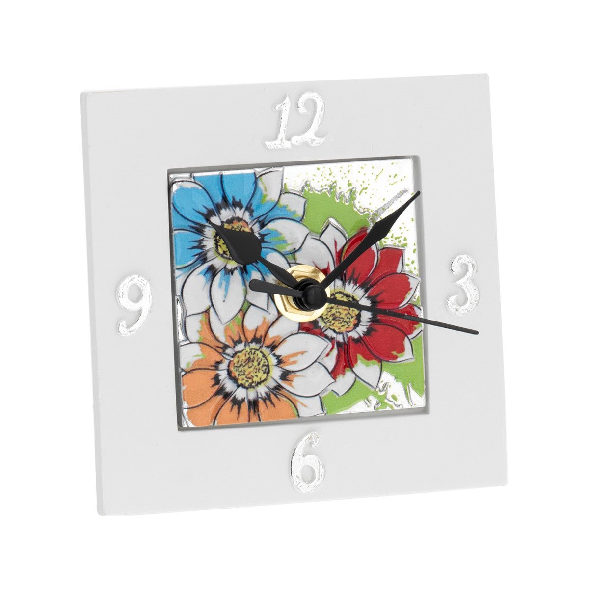 Sveglia quadrata 10x10 cm in resina bianca con deco maiolica girasoli colorati