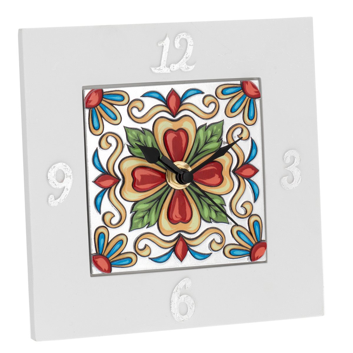 Sveglia quadrata 15x15 cm in resina bianca con deco maiolica maiolica rossa