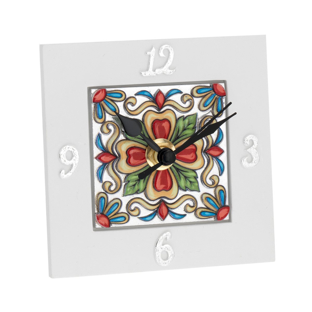 Sveglia quadrata 10x10 cm in resina bianca con deco maiolica maiolica rossa