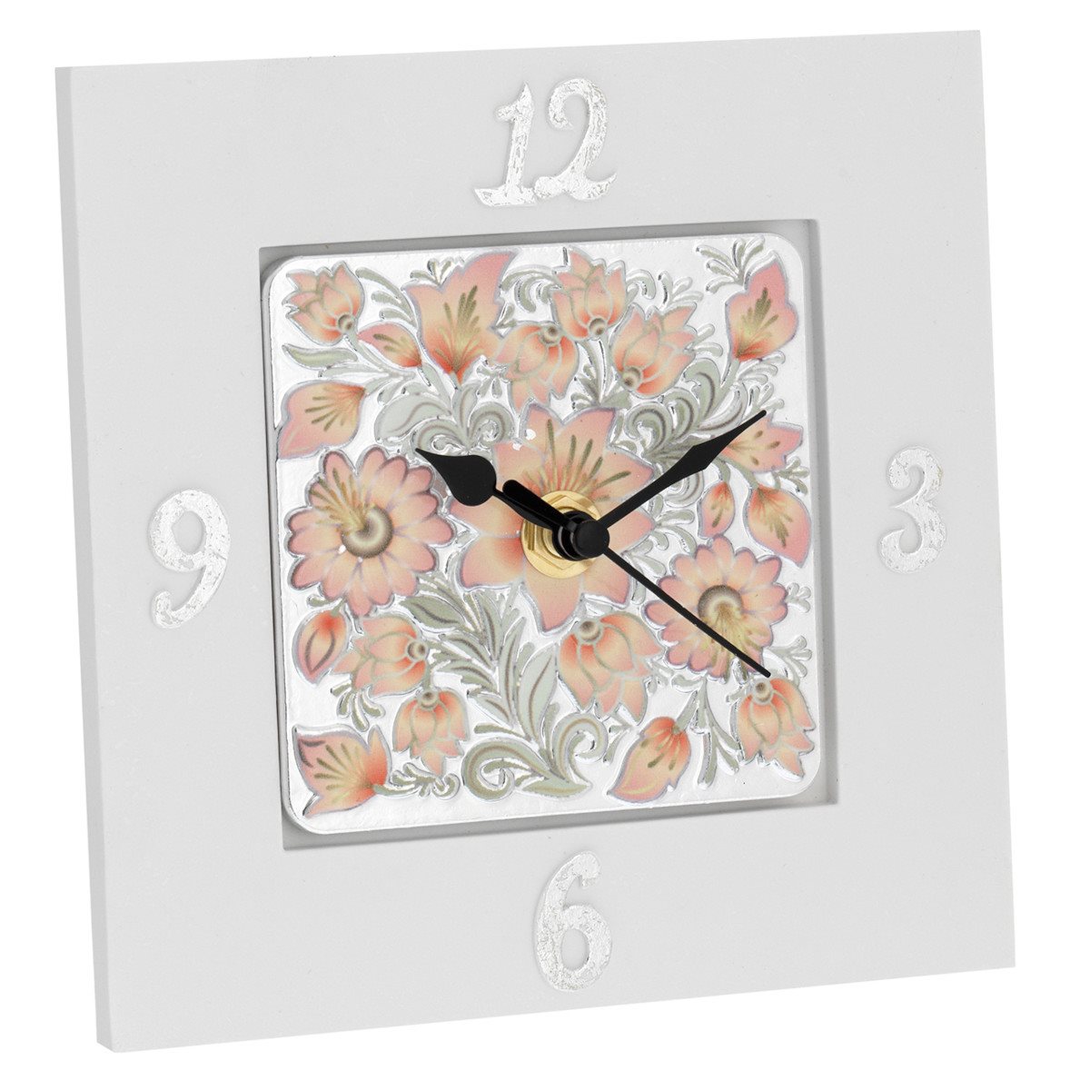 Sveglia quadrata 15x15 cm in resina bianca con deco maiolica fiori