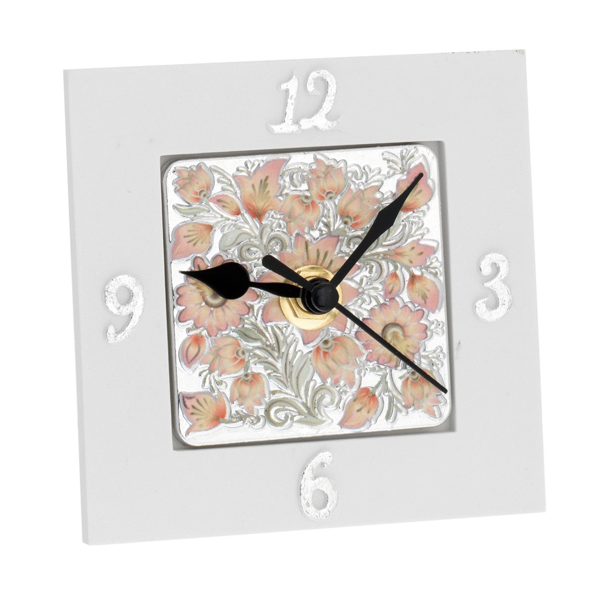 Sveglia quadrata 10x10 cm in resina bianca con deco maiolica fiori