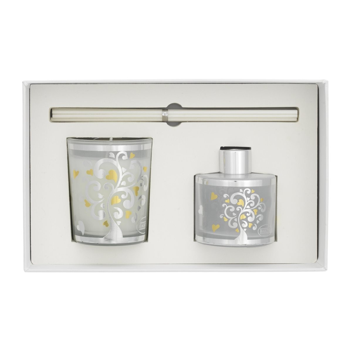 Cofanetto piccolo con profumatore per ambiente da 50 ml e bicchiere portacandela serigrafati con albero della vita e cuori argentati