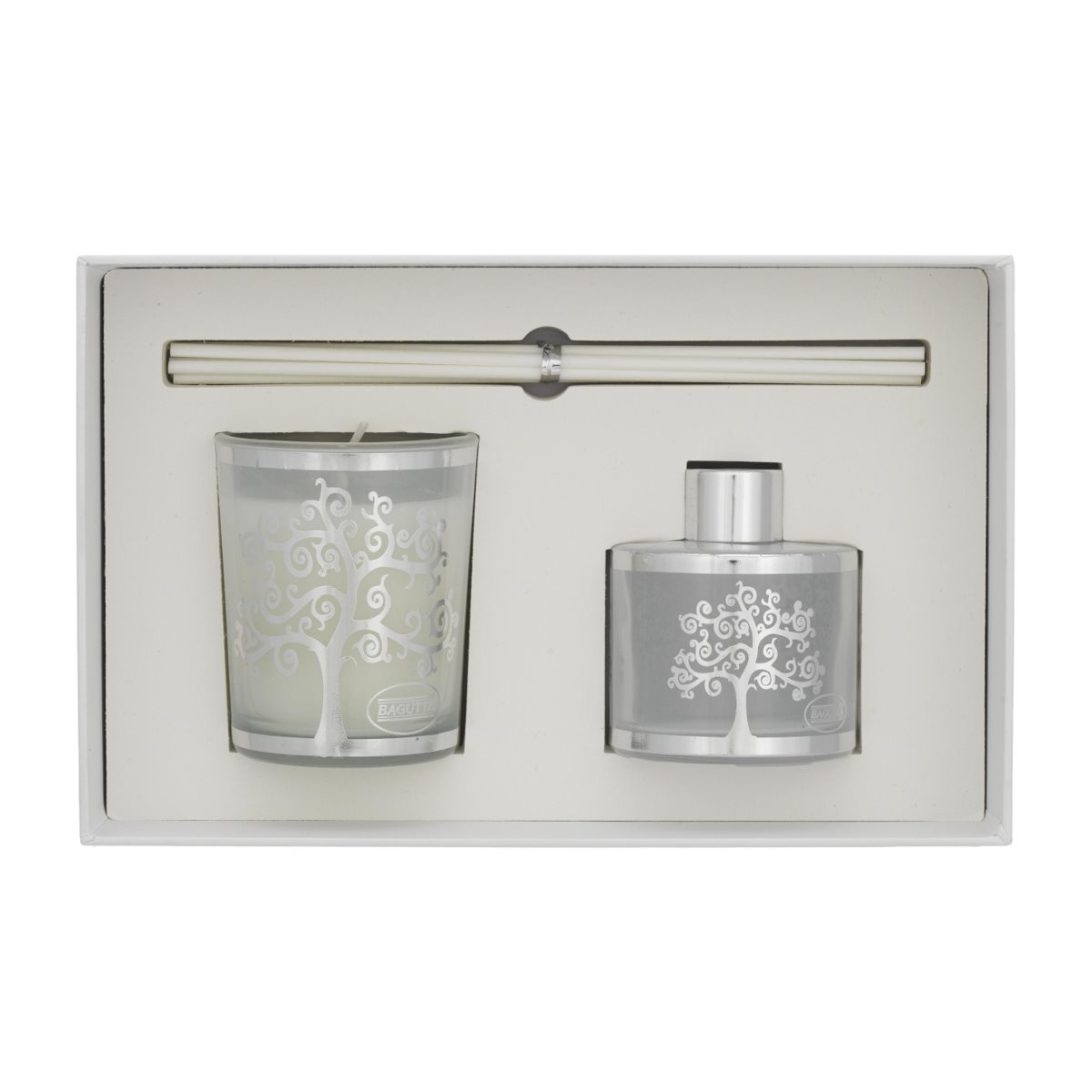 Cofanetto piccolo con profumatore per ambiente da 50 ml e bicchiere portacandela serigrafati con albero della vita classico argentato