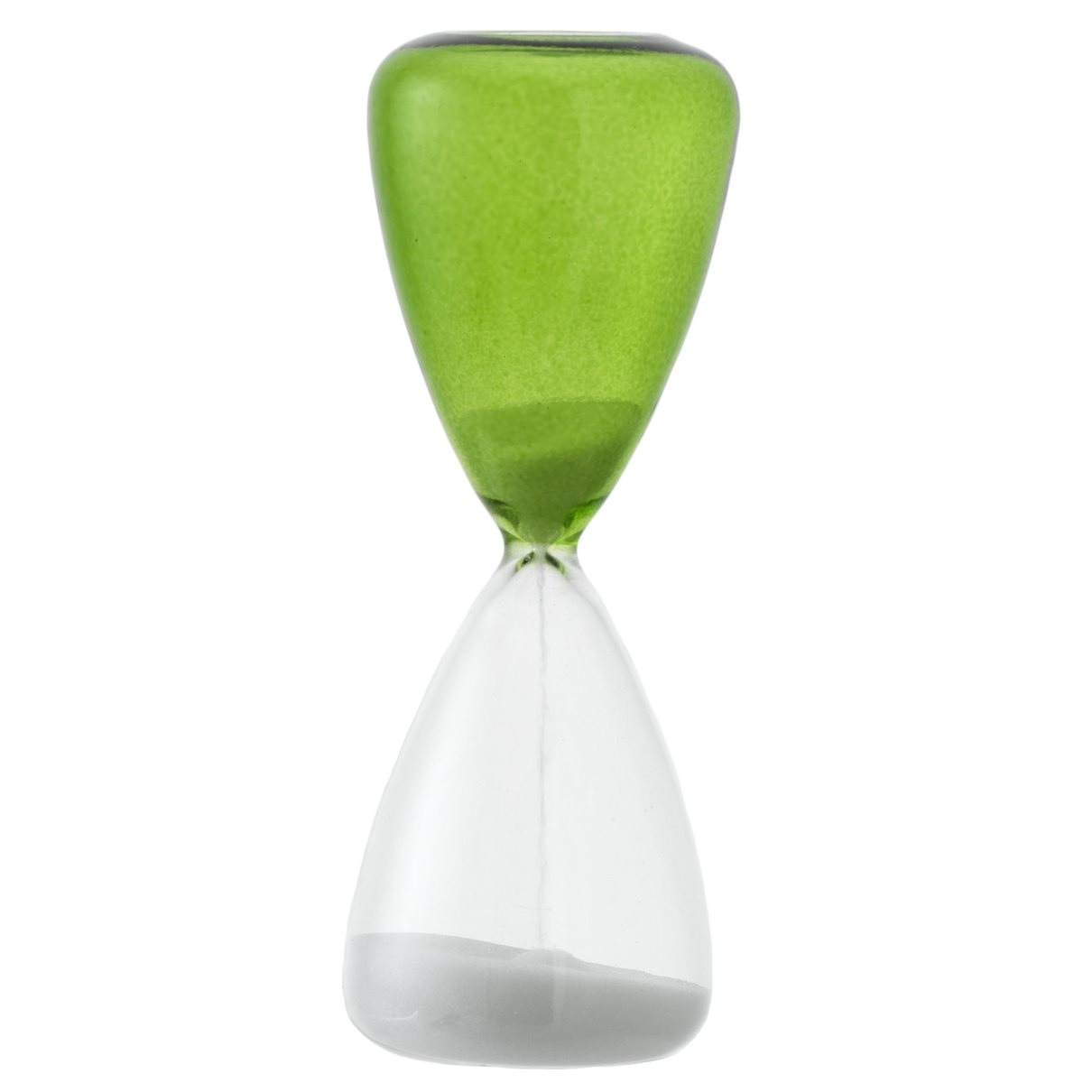 Set composto da 6 clessidre per bomboniera in vetro trasparente e color salvia con durata di 5 minuti e di altezza 12 cm