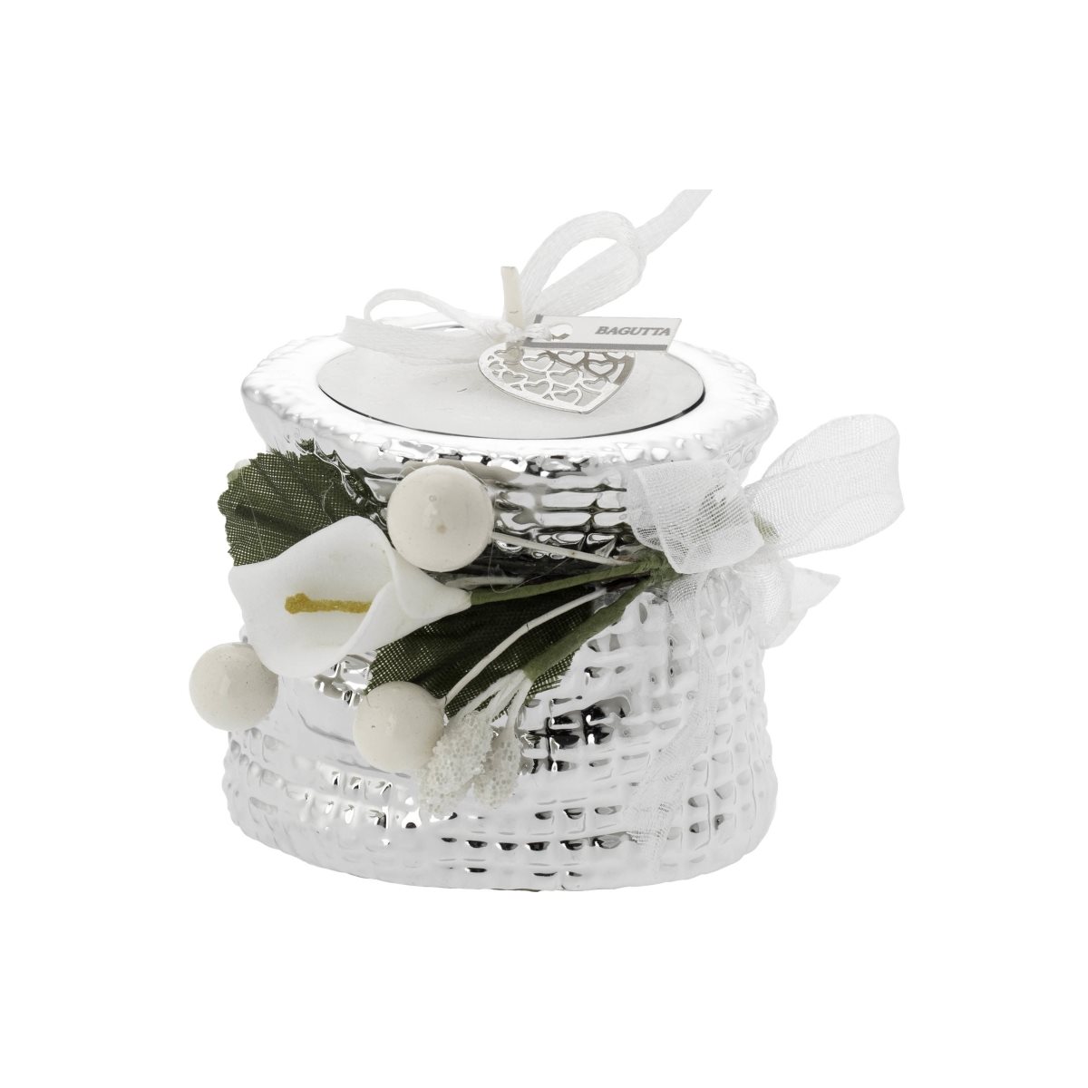 Portacandela tea-light a forma di sacco in resina argentata decorato con una calla e nastro e bacche bianchi
