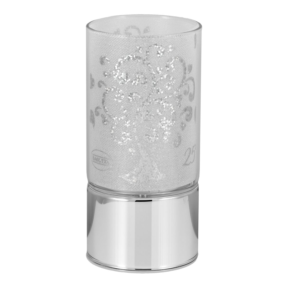 Lampada di ambientazione wireless per nozze d'argento, decorata con albero della vita e cuori, su base in argento laminato h. 15 cm