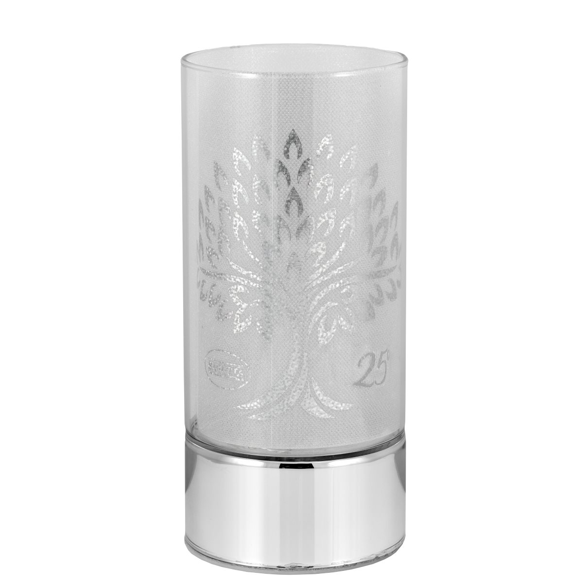 Lampada di ambientazione wireless per nozze d'argento, decorata con albero della vita e spighe, su base in argento laminato h. 20 cm