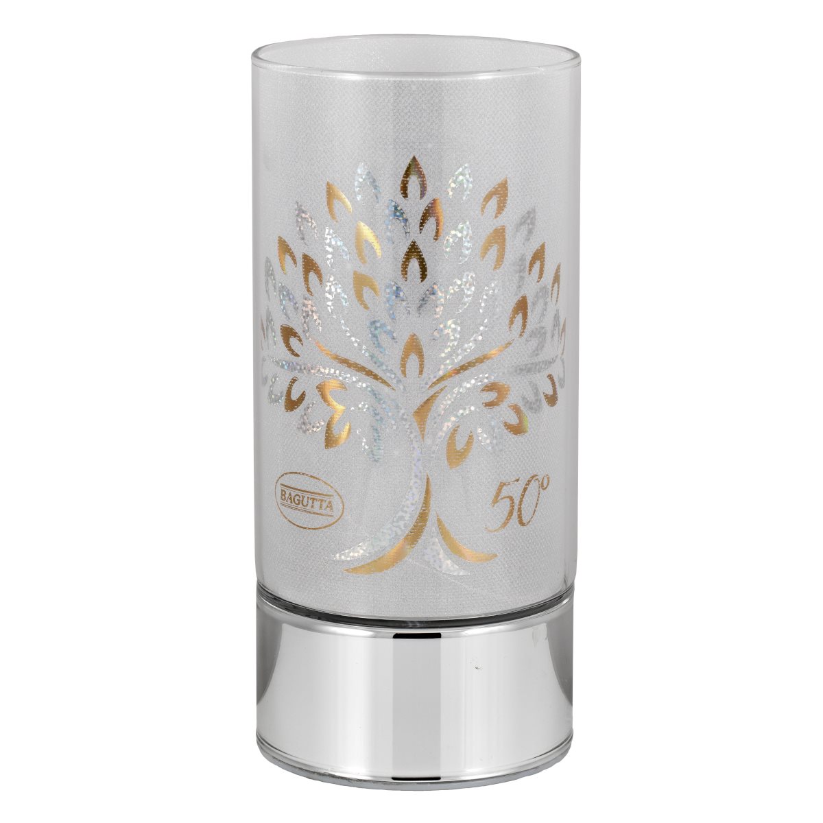 Lampada di ambientazione wireless per nozze d'oro, decorata con albero della vita e spighe, su base in argento laminato h. 20 cm