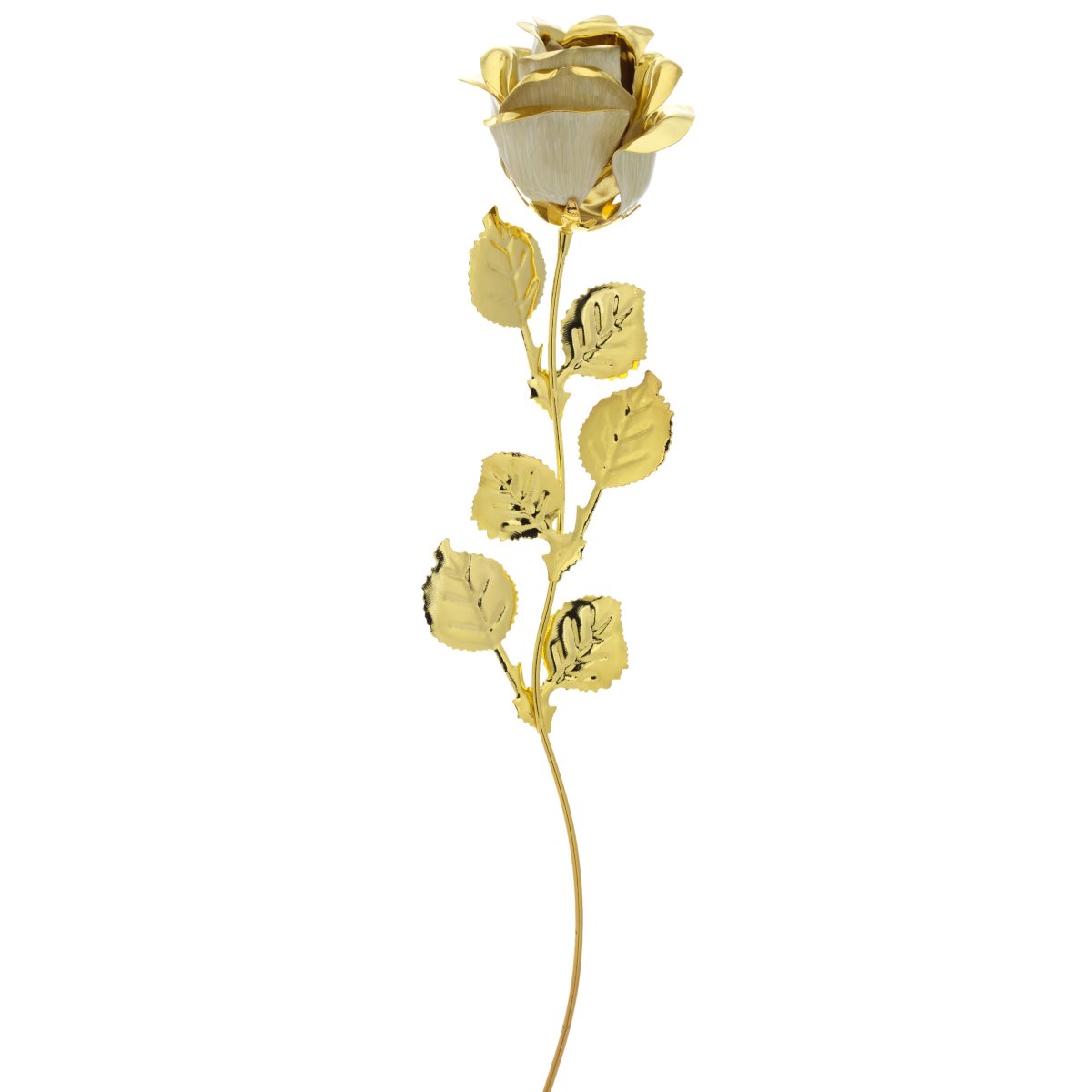 Set composto da 3 rose soprammobile dorate per bomboniera con petali bianchi smaltati