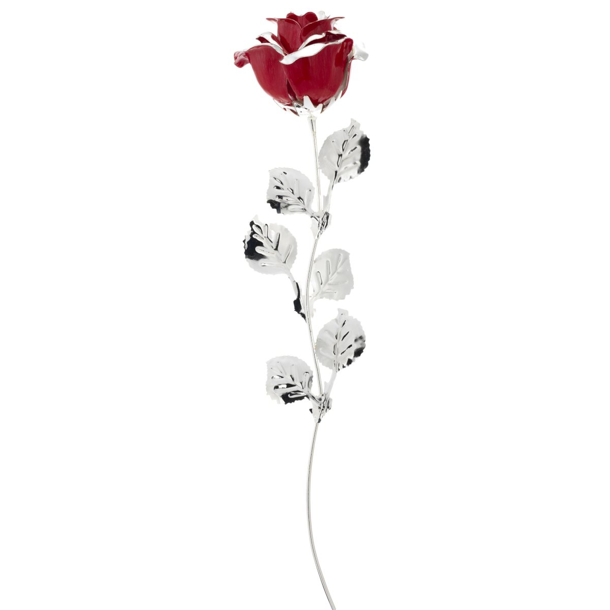 Rosa soprammobile argentata con petali rossi smaltati di lunghezza 39 cm con confezione per bomboniera