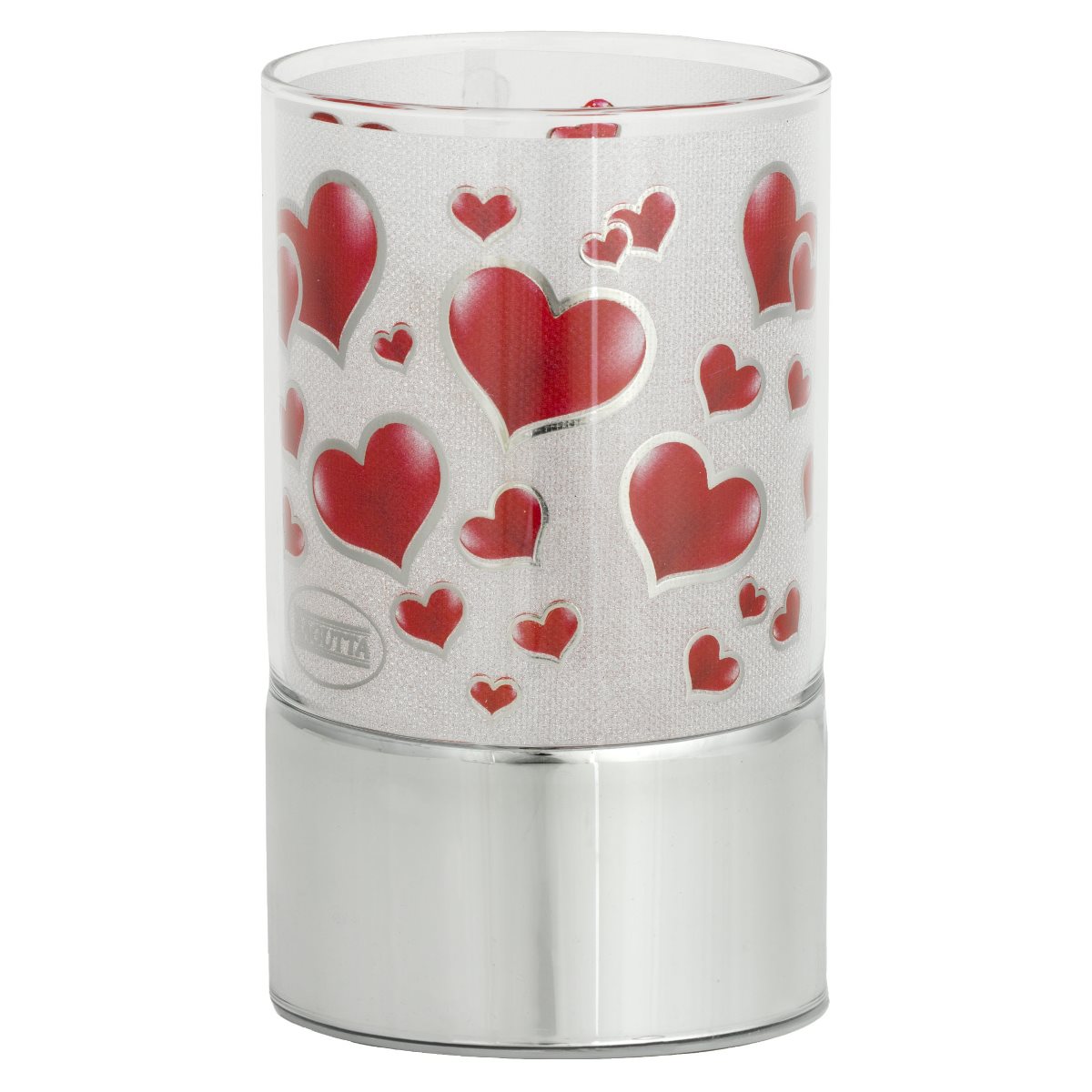 Lampada di ambientazione wireless decorata con cuori su base in argento laminato dim. 9 cm x 15 cm
