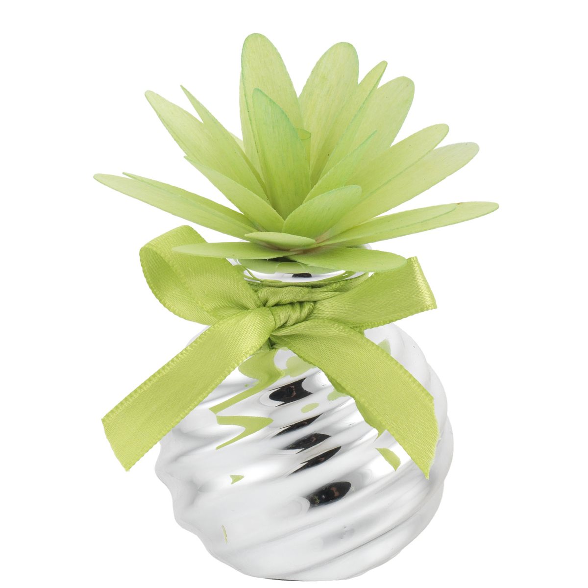 Profumatore per ambiente in ceramica argentata con dalia verde in legno h. 10 cm