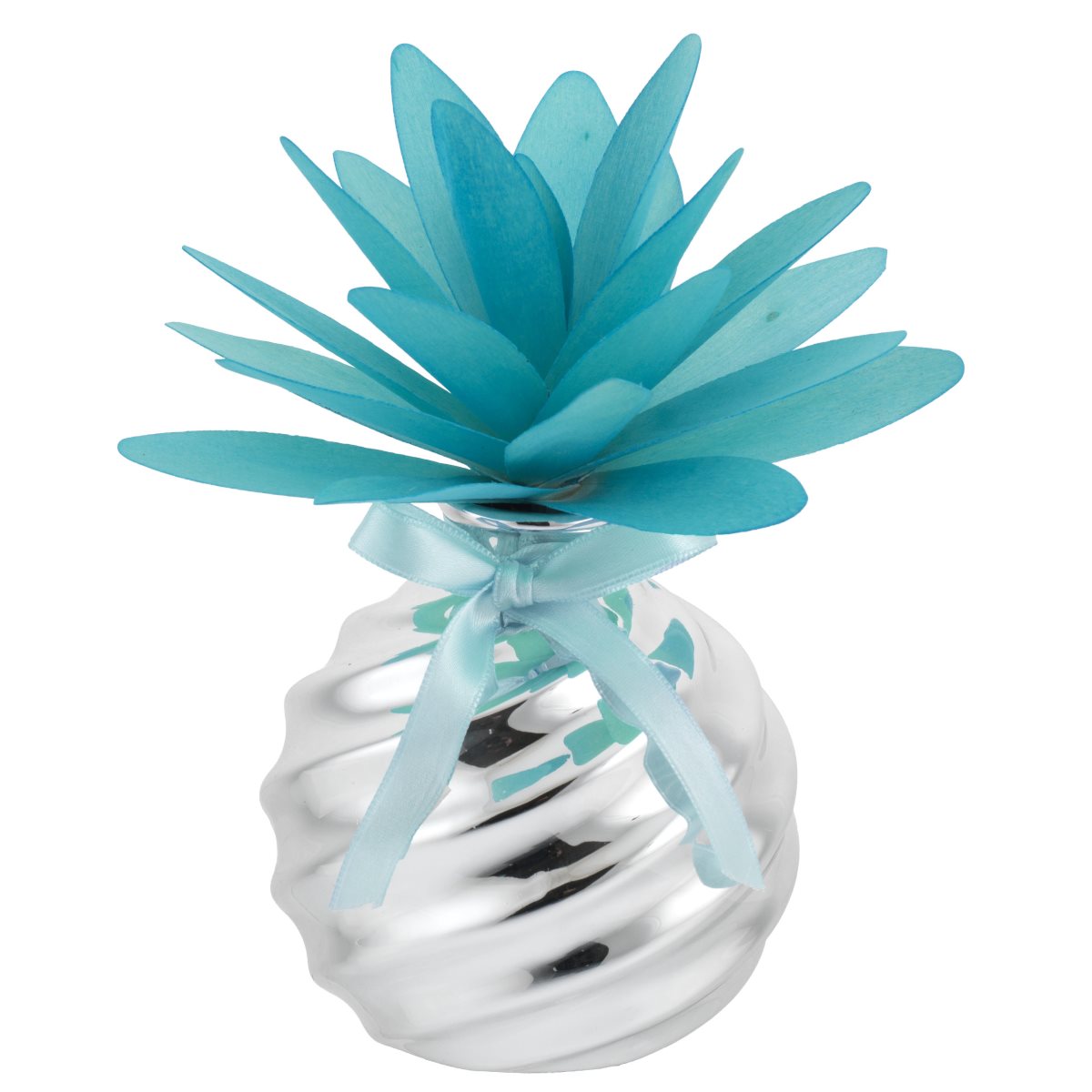 Profumatore per ambiente in ceramica argentata con dalia azzurra in legno h. 14 cm