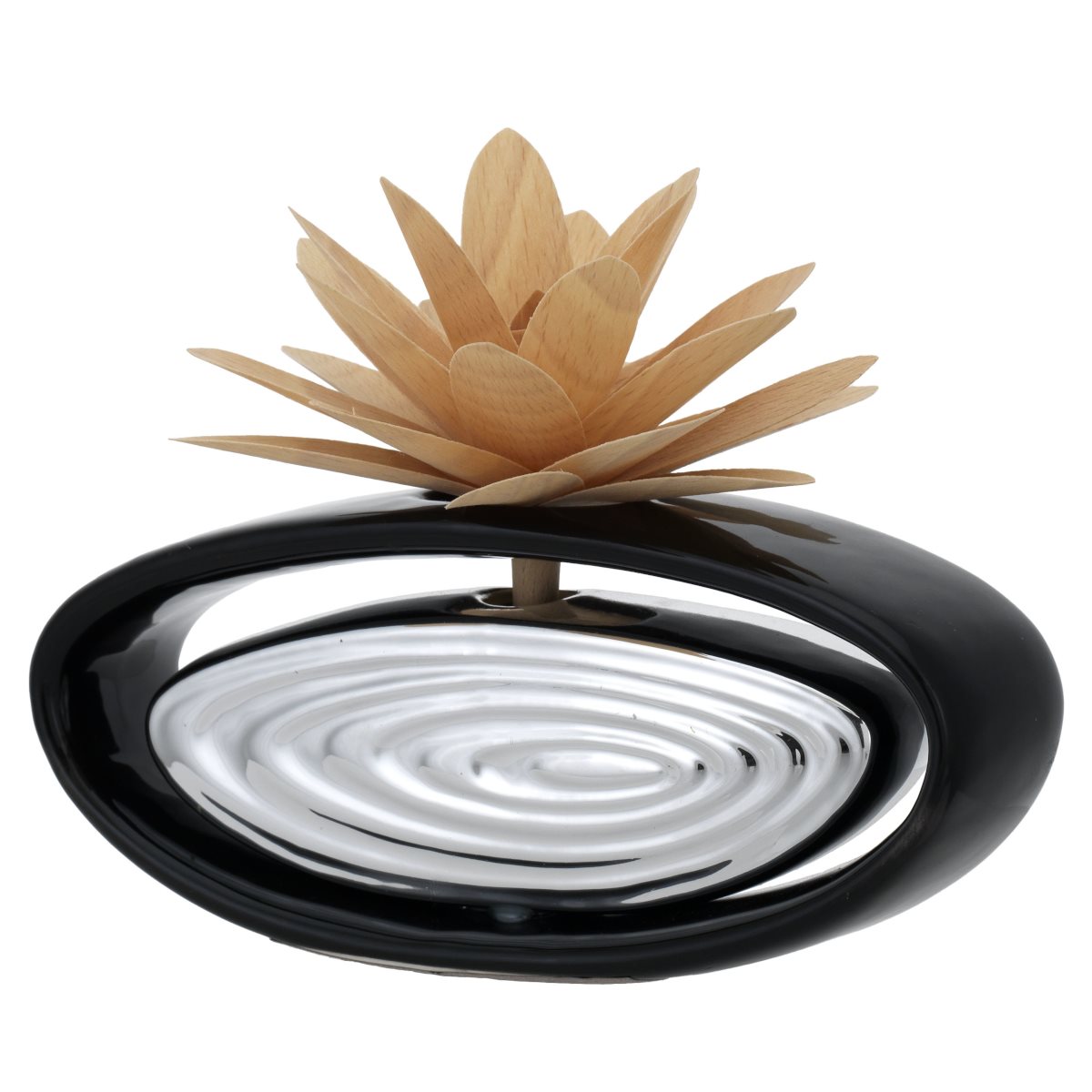 Profumatore per ambiente ovale in ceramica argentata e di colore nero con dalia in legno tropicale