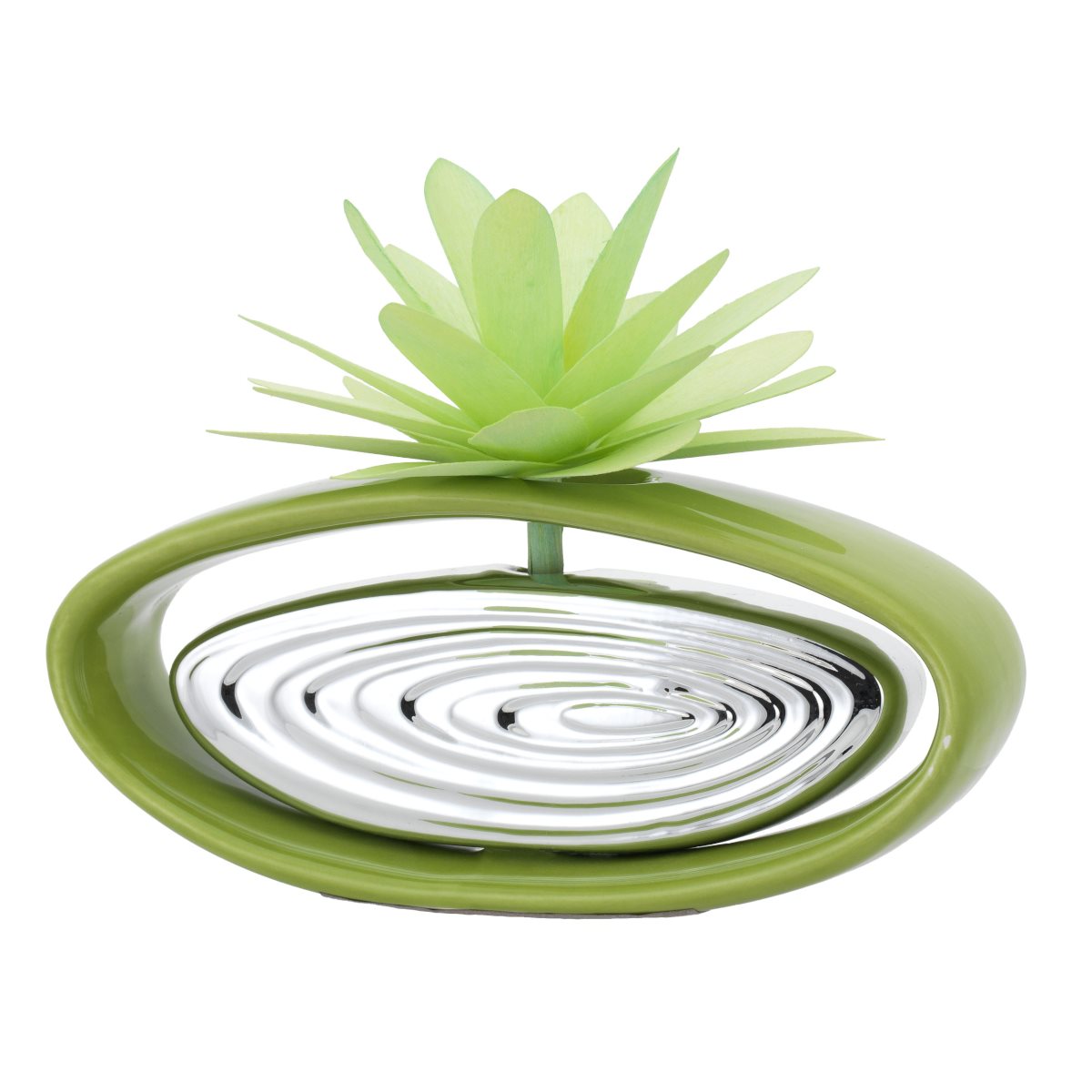 Profumatore per ambiente ovale in ceramica argentata e di colore verde con dalia in legno tropicale