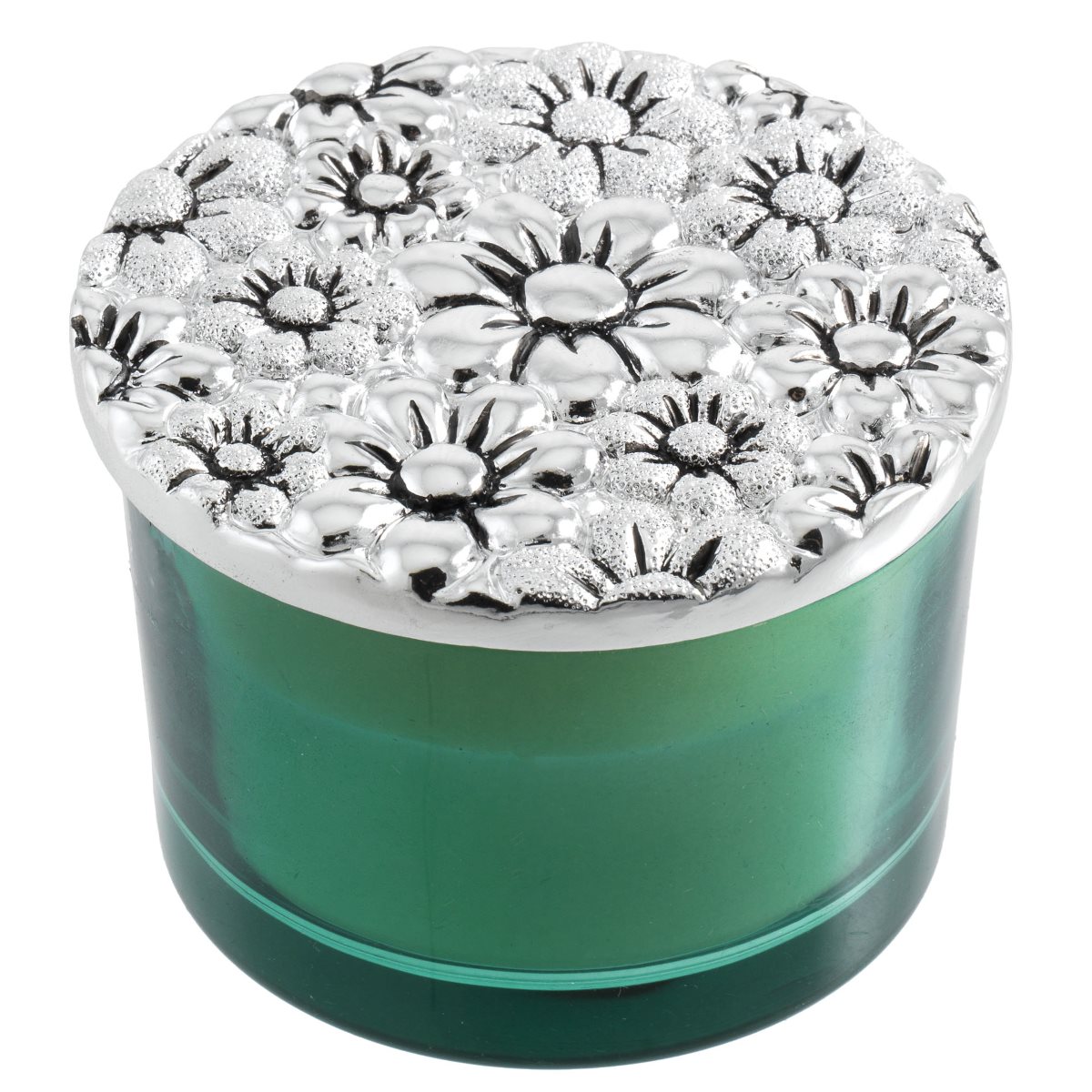 Portacandela tondo in vetro verde con candela bianca profumata e coperchio in resina argentata decorato con margherite h. 5 cm
