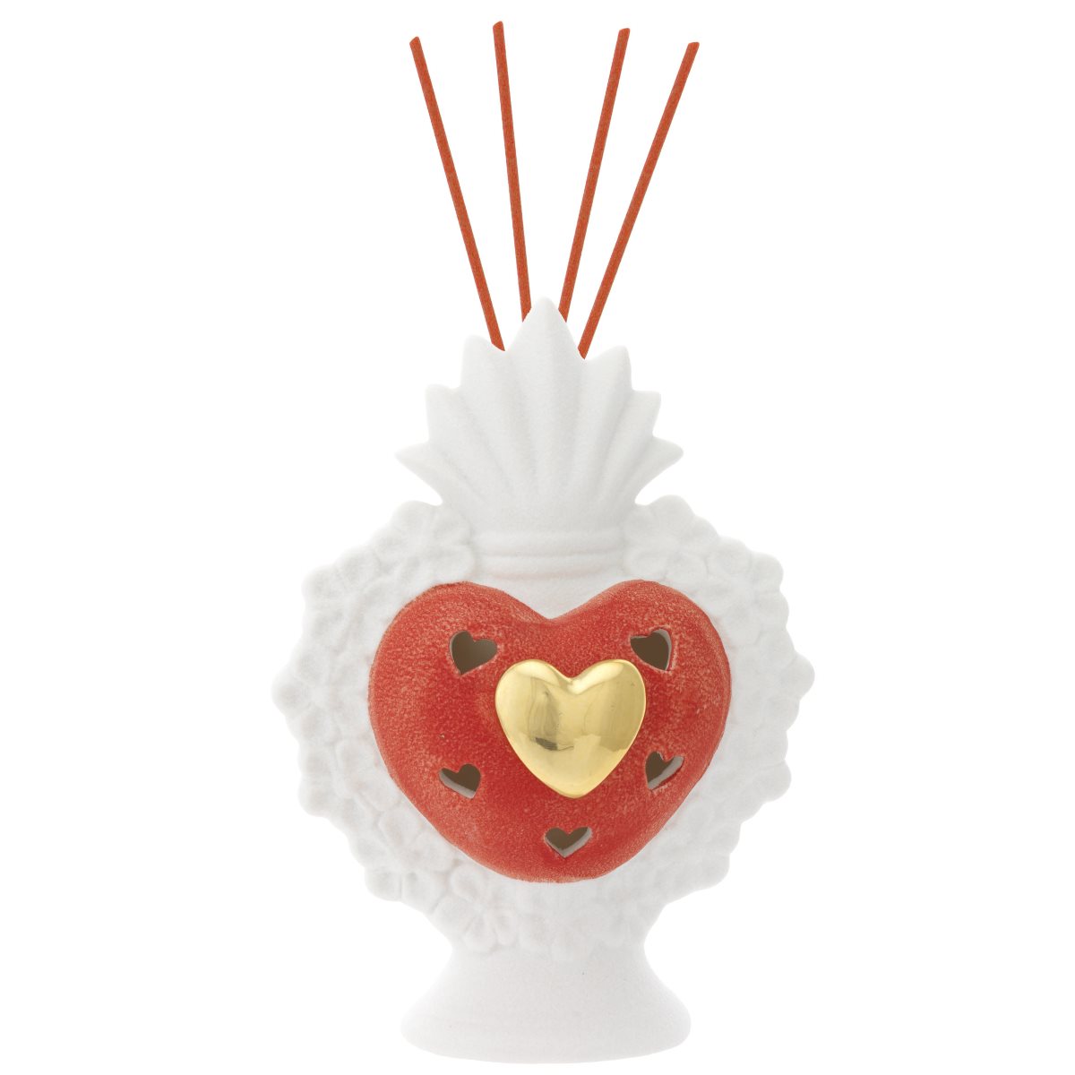 Profumatore per ambiente a forma di cuore sacro in ceramica di colore bianco e rosso con led, h. 19 cm