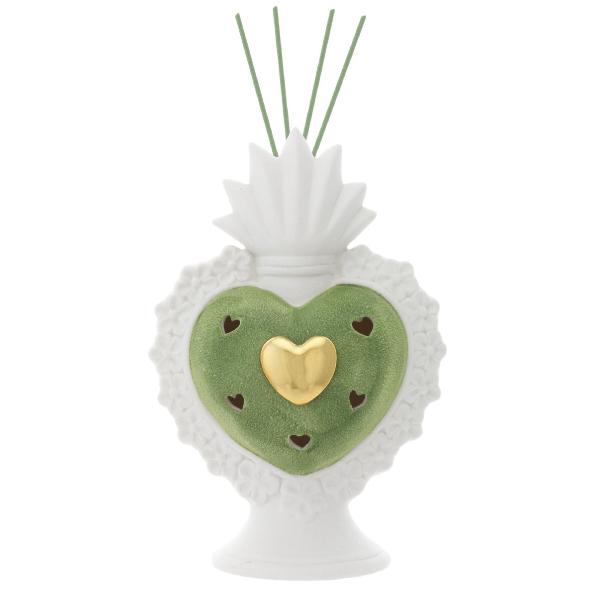 Profumatore per ambiente a forma di cuore sacro in ceramica di colore bianco e verde con led, h. 23 cm