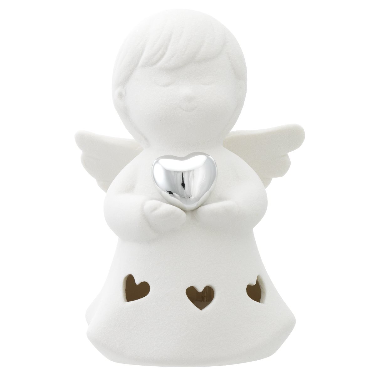 Scultura con angelo in resina bianca con cuore argentato e led di altezza 12 cm