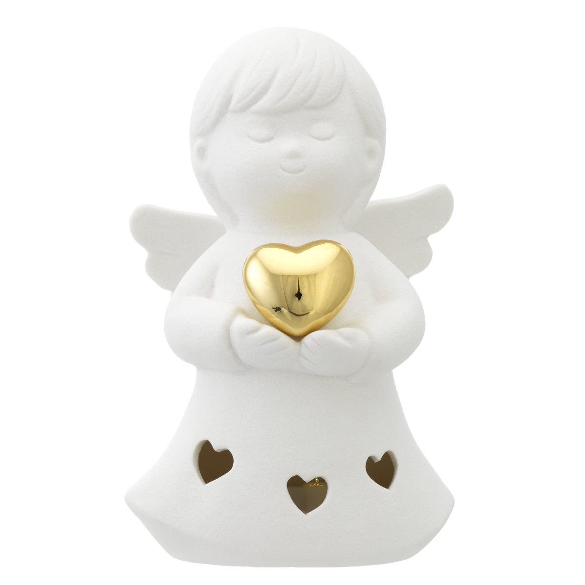 Scultura con angelo in resina bianca con cuore dorato e led di altezza 12 cm