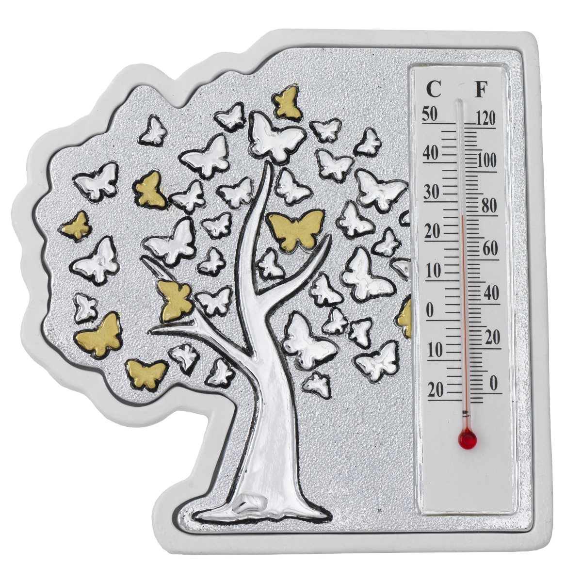 Termometro sagomato in resina bianca e argentata con albero della vita con farfalle di misura 10,5 cm x 10,5 cm