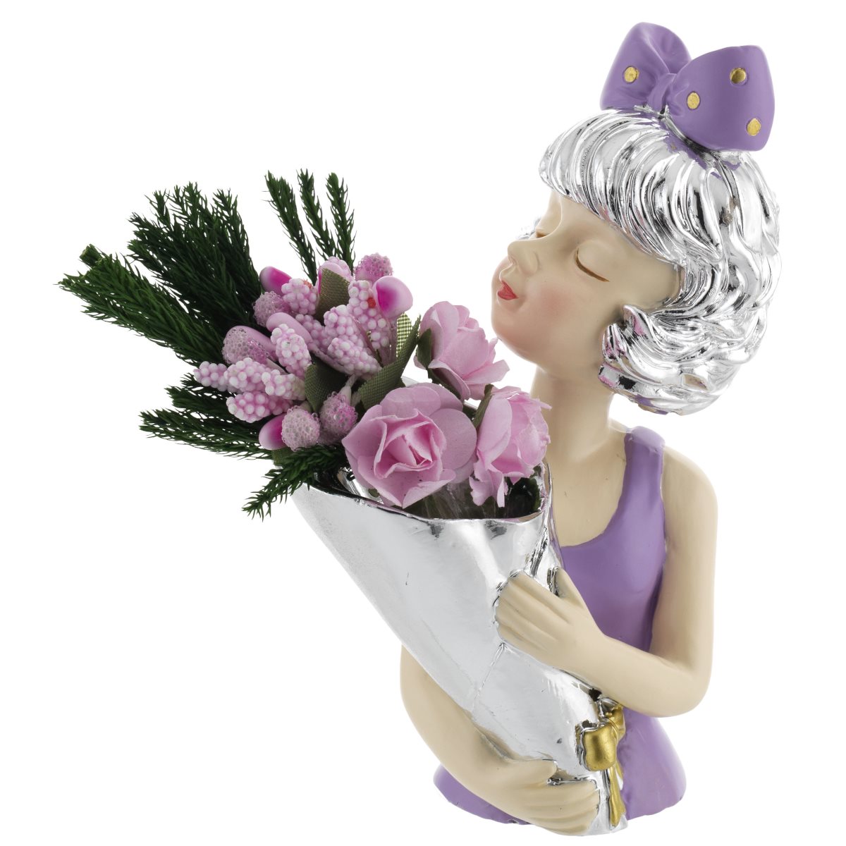 Scultura con mezzobusto di ragazza con bouquet in resina argentata e colorata in lilla