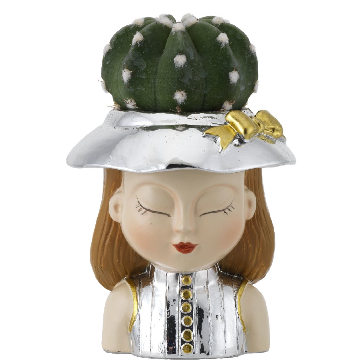 Portavaso a forma di mezzobusto di donna con cappello in resina argentata e dorata con pianta succulenta di altezza 7,5 cm
