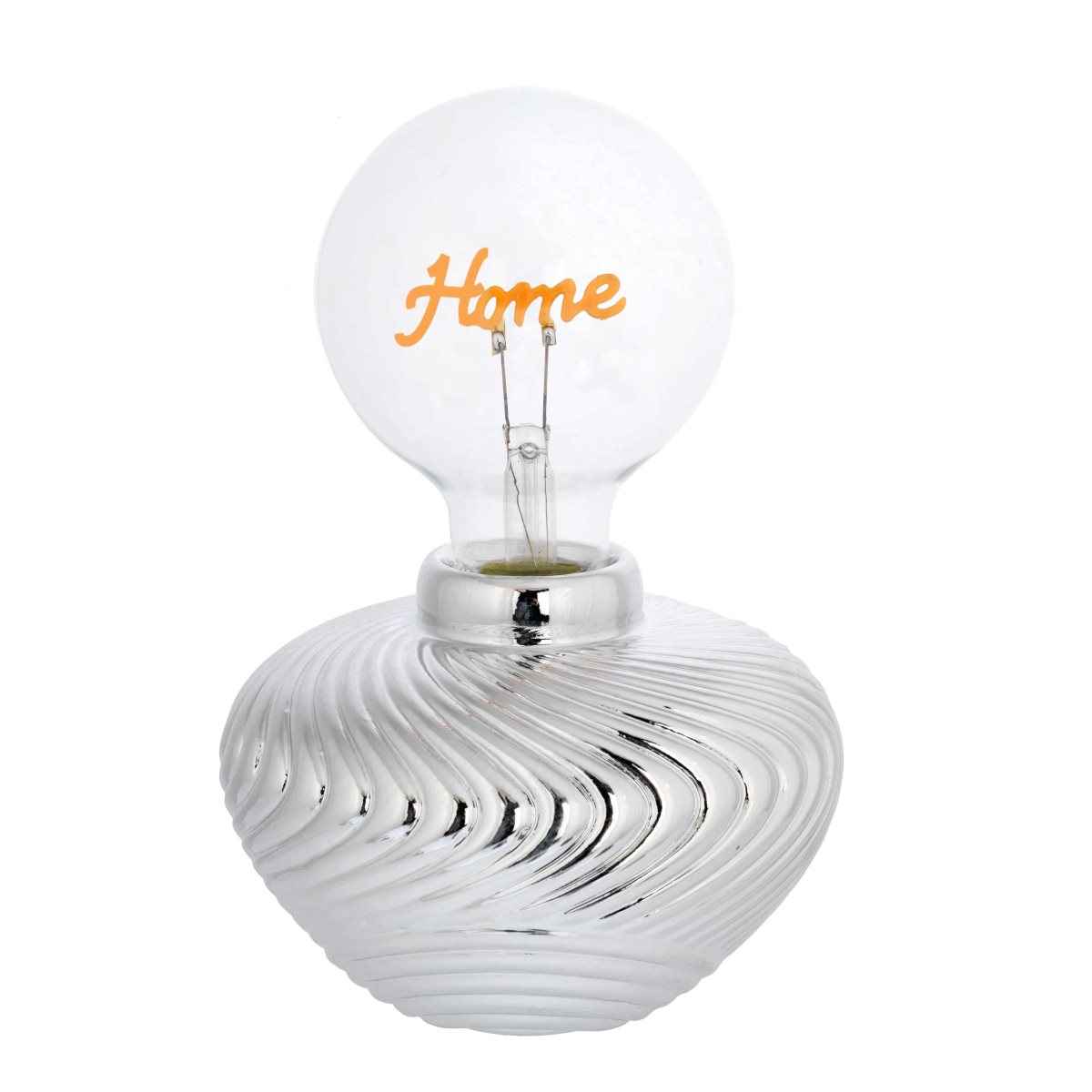 Lampada di ambientazione wireless con vasetto in resina argentata decorata a spicchi e lampadina a led con scritta home