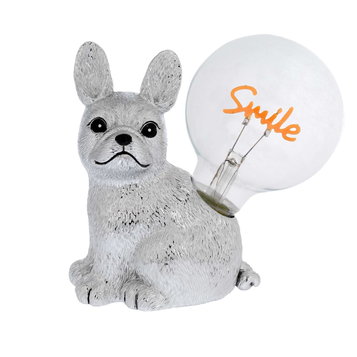 Lampada di ambientazione wireless in resina argentata con bulldog francese e lampadina led con scritta smile