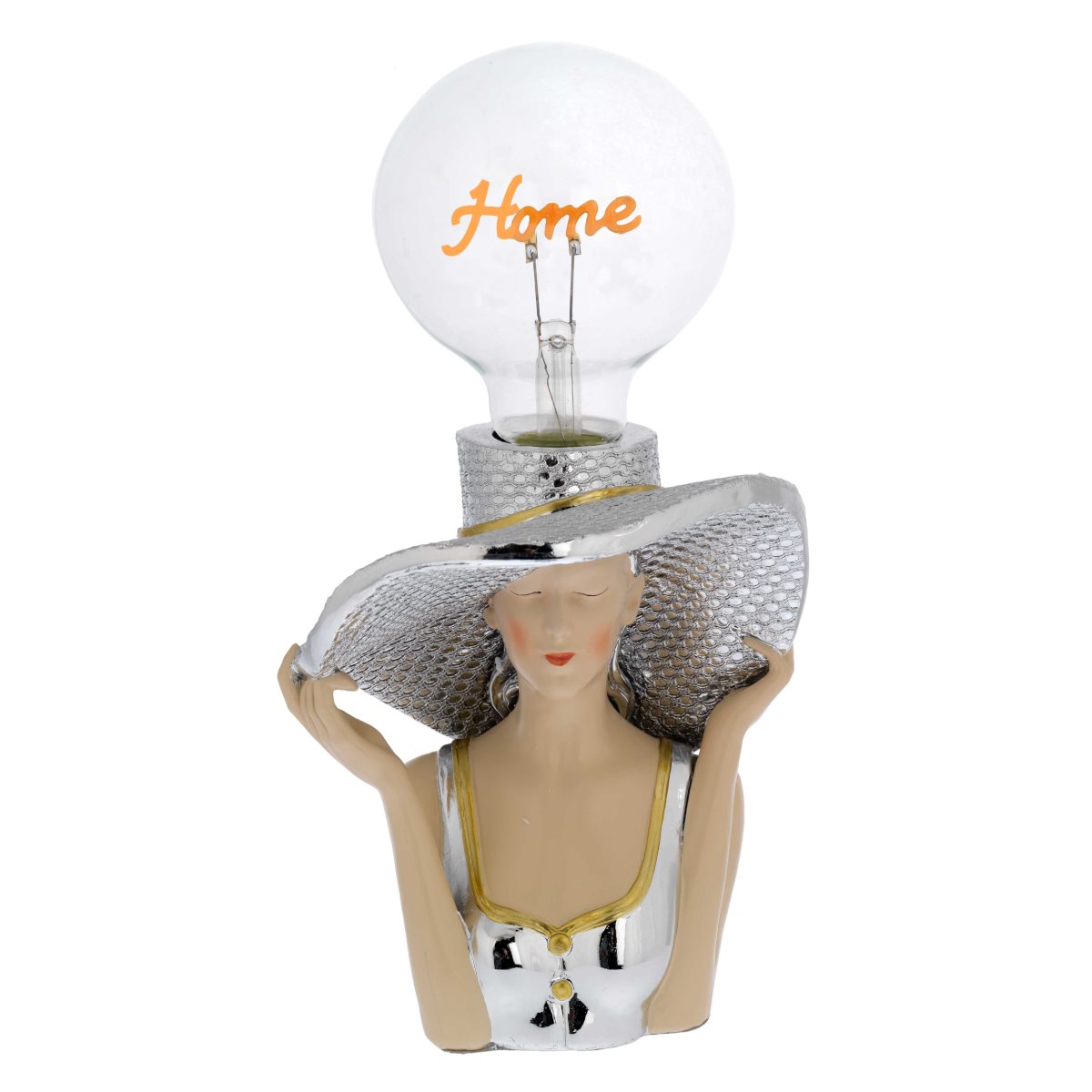 Lampada di ambientazione wireless in resina argentata e dorata con donna con cappello, capelli raccolti e lampadina led con scritta home