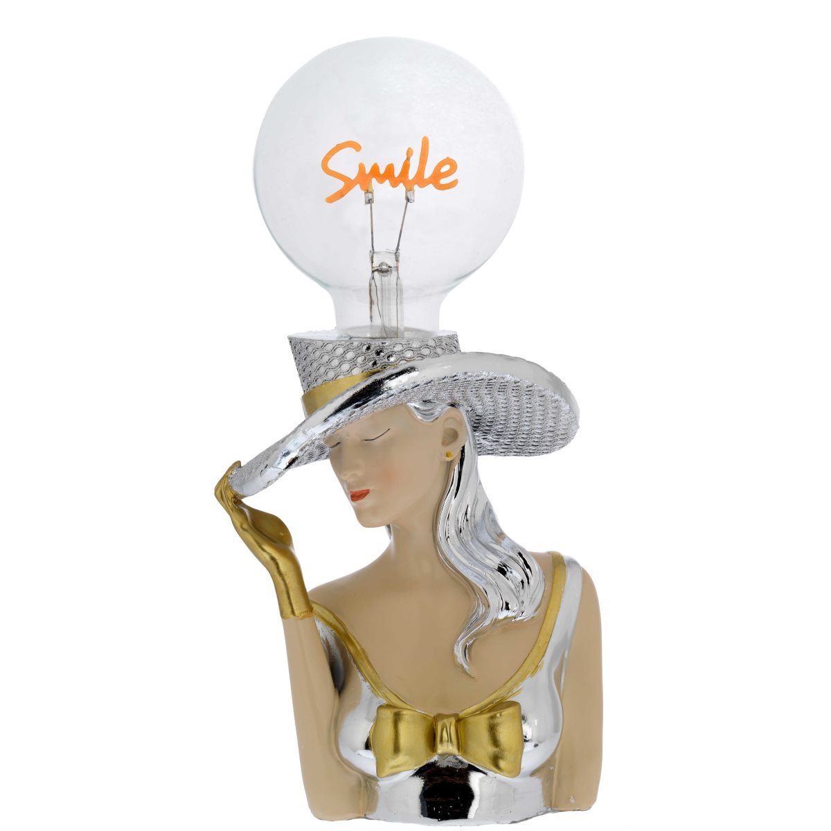 Lampada di ambientazione wireless in resina argentata e dorata con donna con cappello, capelli sciolti e lampadina led con scritta smile