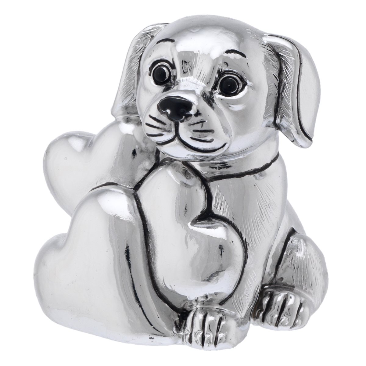 Scultura di cagnolino con cuore in resina argentata con confezione da bomboniera