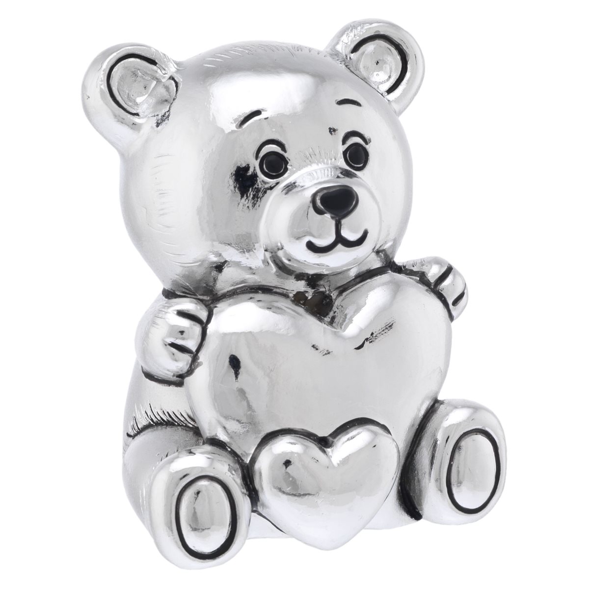 Scultura di orsetto con cuore in resina argentata con confezione da bomboniera