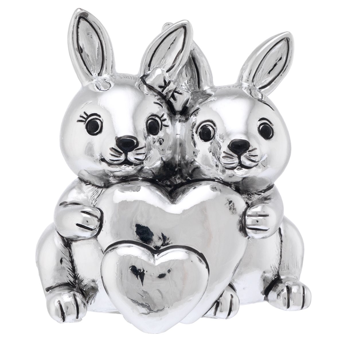 Scultura di coppia di conigli con cuori in resina argentata con confezione da bomboniera
