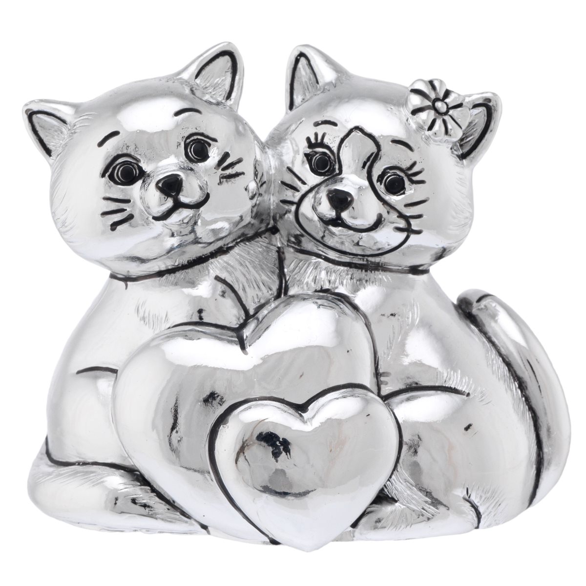 Scultura di coppia di gatti con cuori in resina argentata con confezione da bomboniera