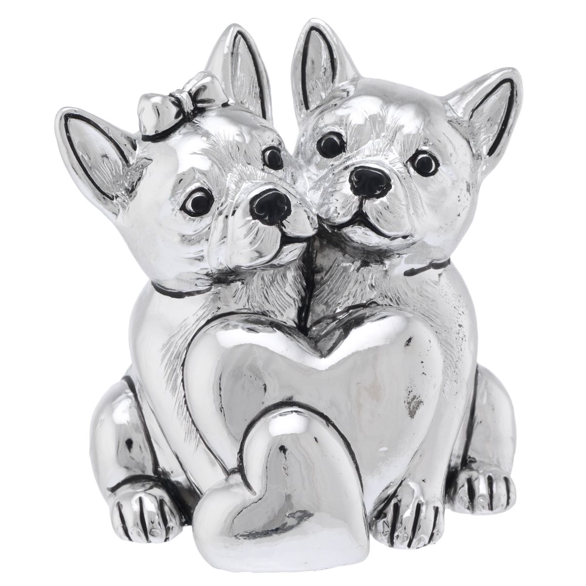 Scultura di coppia di bulldog con cuori in resina argentata con confezione da bomboniera