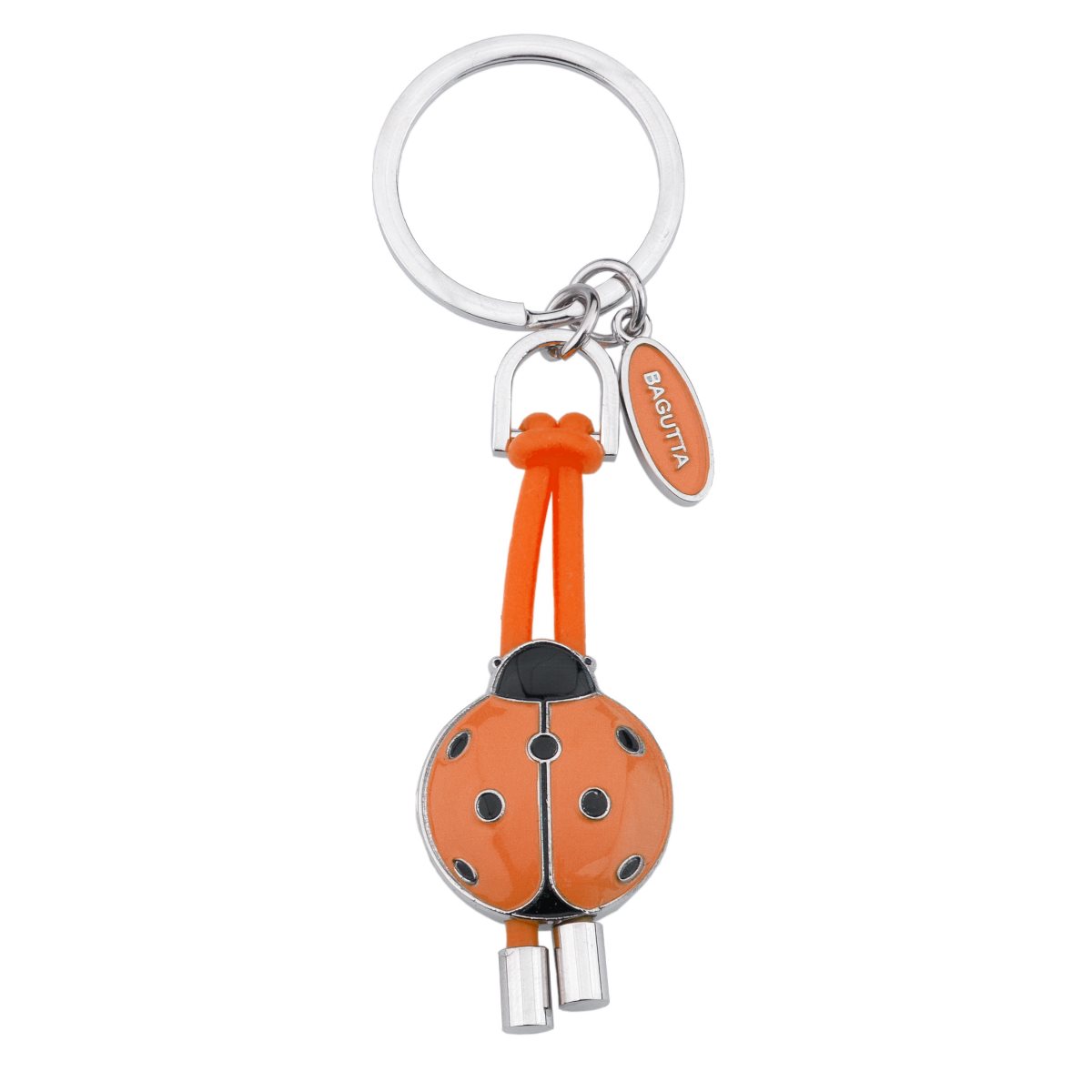 Portachiavi ad anello in metallo con coccinella portafortuna in resina di colore arancione