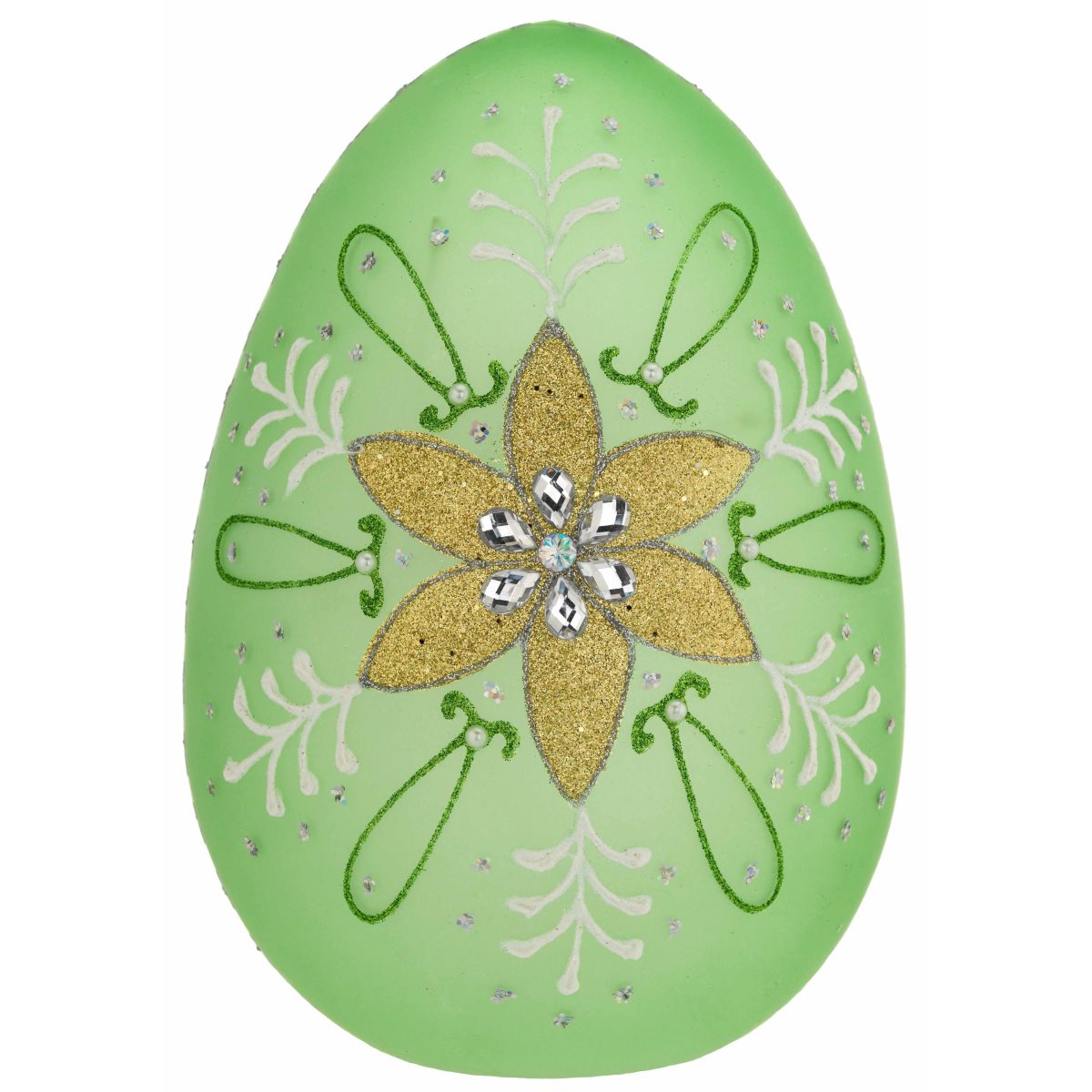 Uovo in vetro soffiato verde decorato con strass a illuminazione led h. 25 cm
