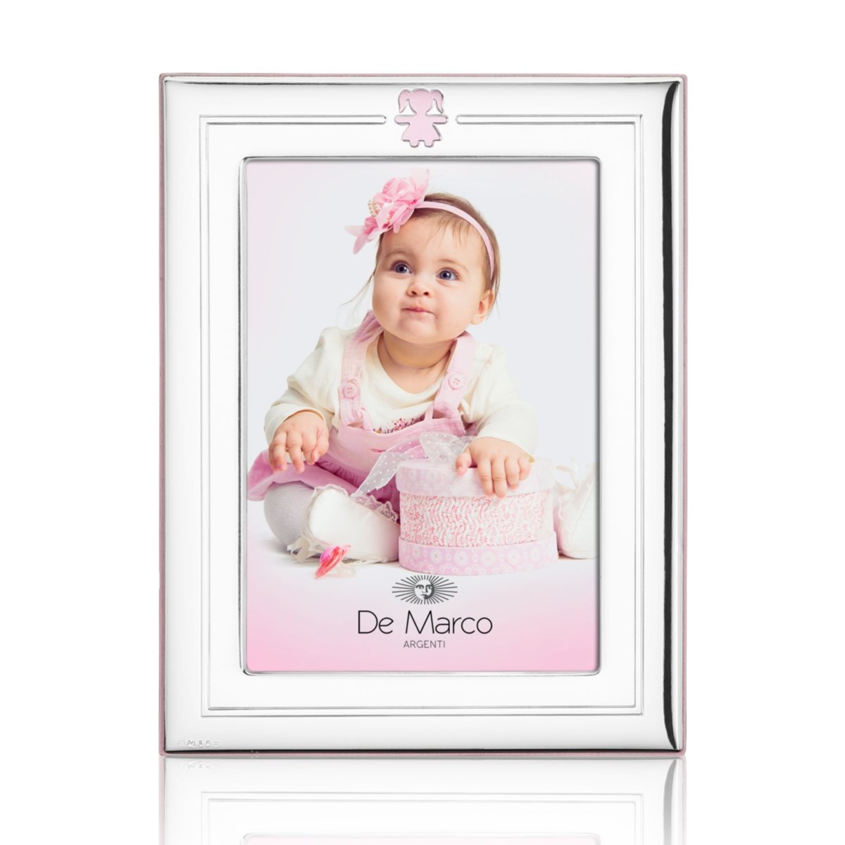 Cornice bimba 13x18 in argento bilaminato con simbolo di una bambina stilizzata e retro in legno rosa